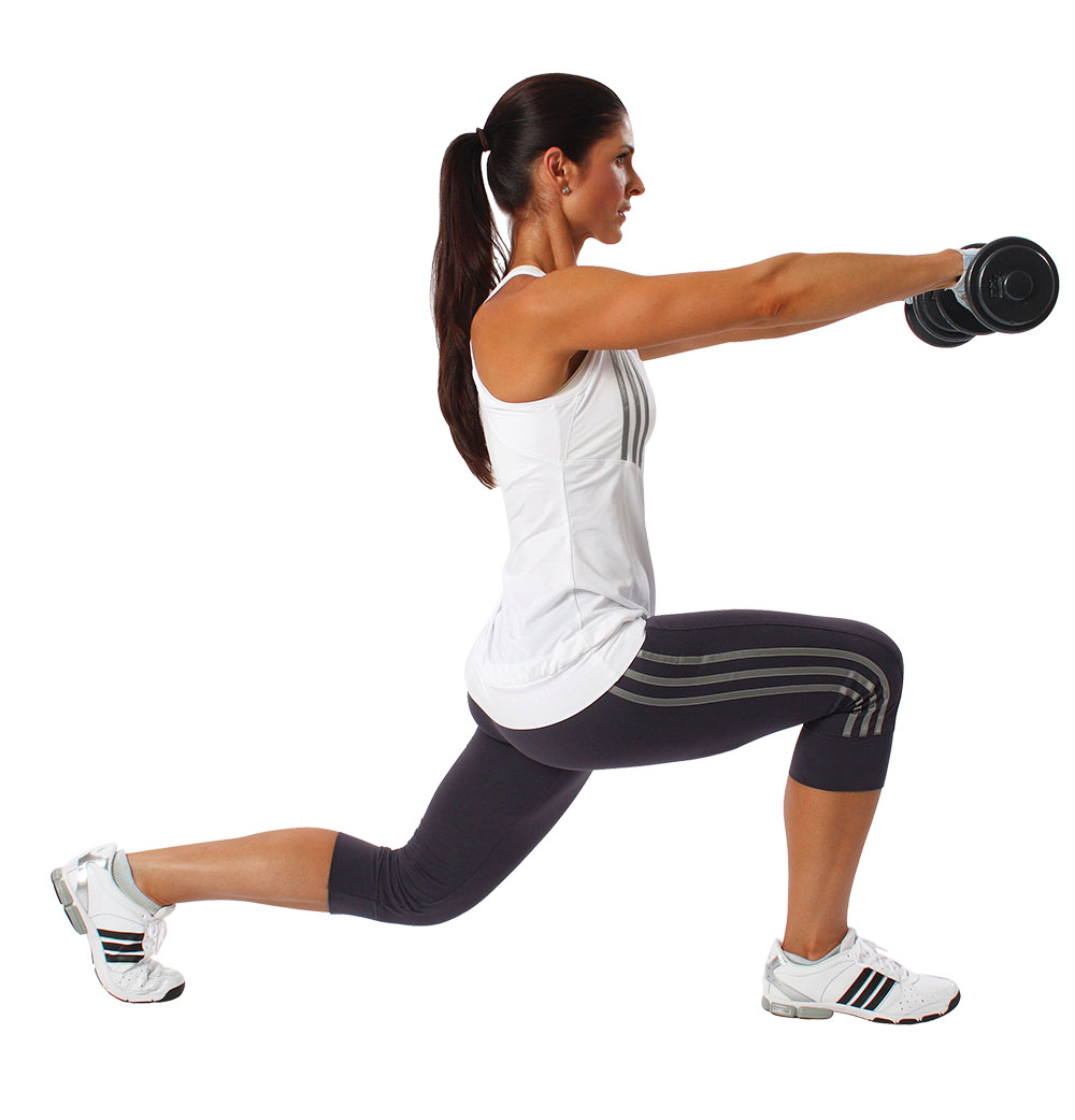 woman alternating lunge with lateral and front raises, from the side