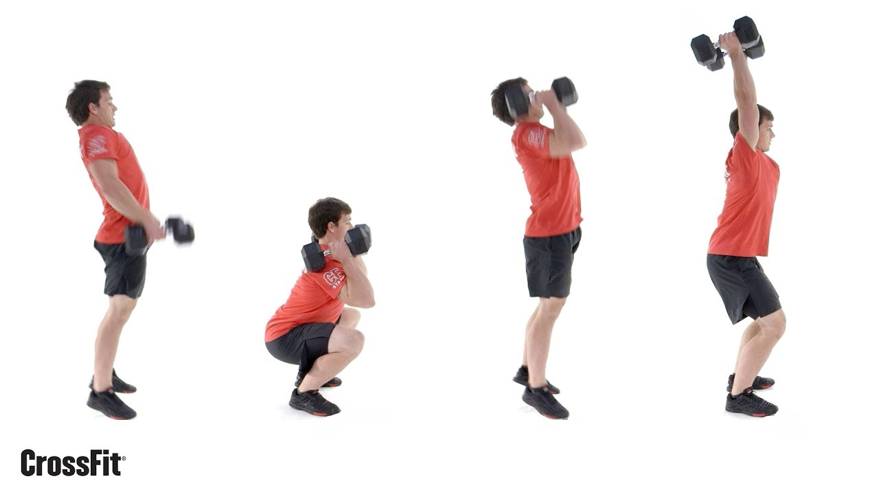 Man performing a clean squat press in four steps