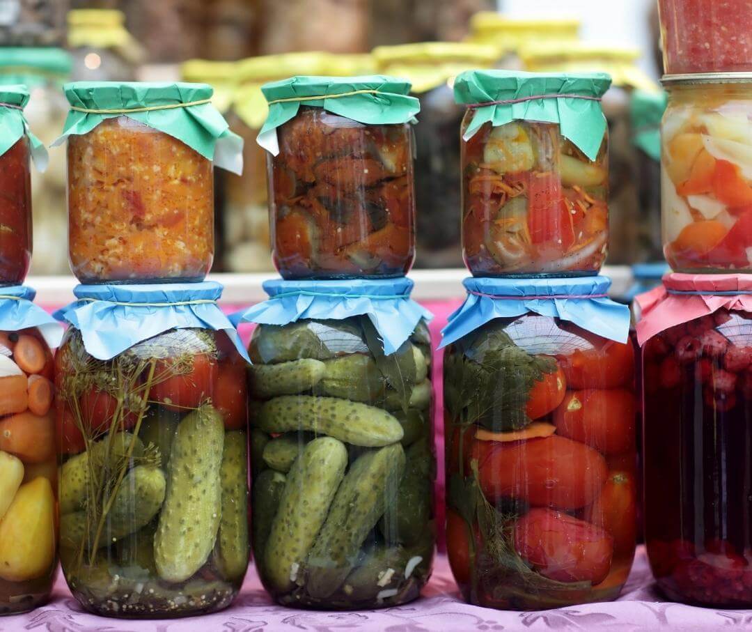 An assortment of preserved and pickled vegetables.