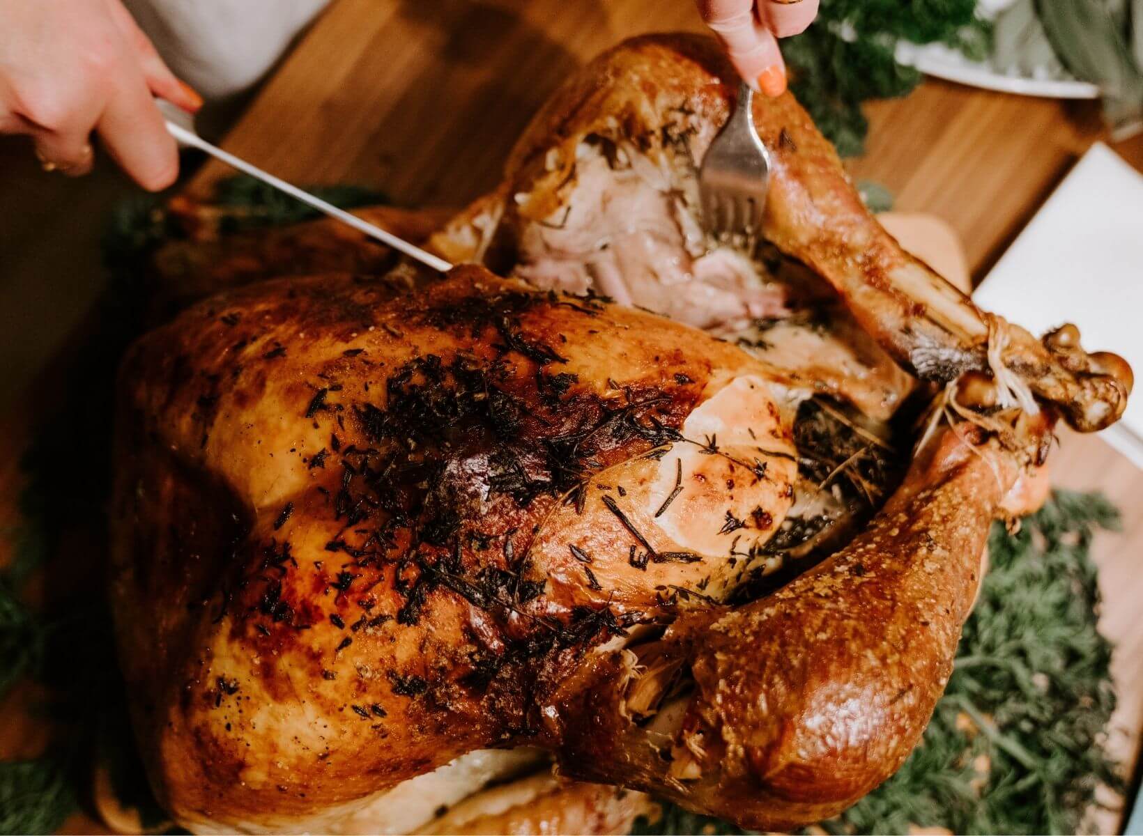 An overhead shot of a woman slicing into the side of a roasted Thanksgiving turkey