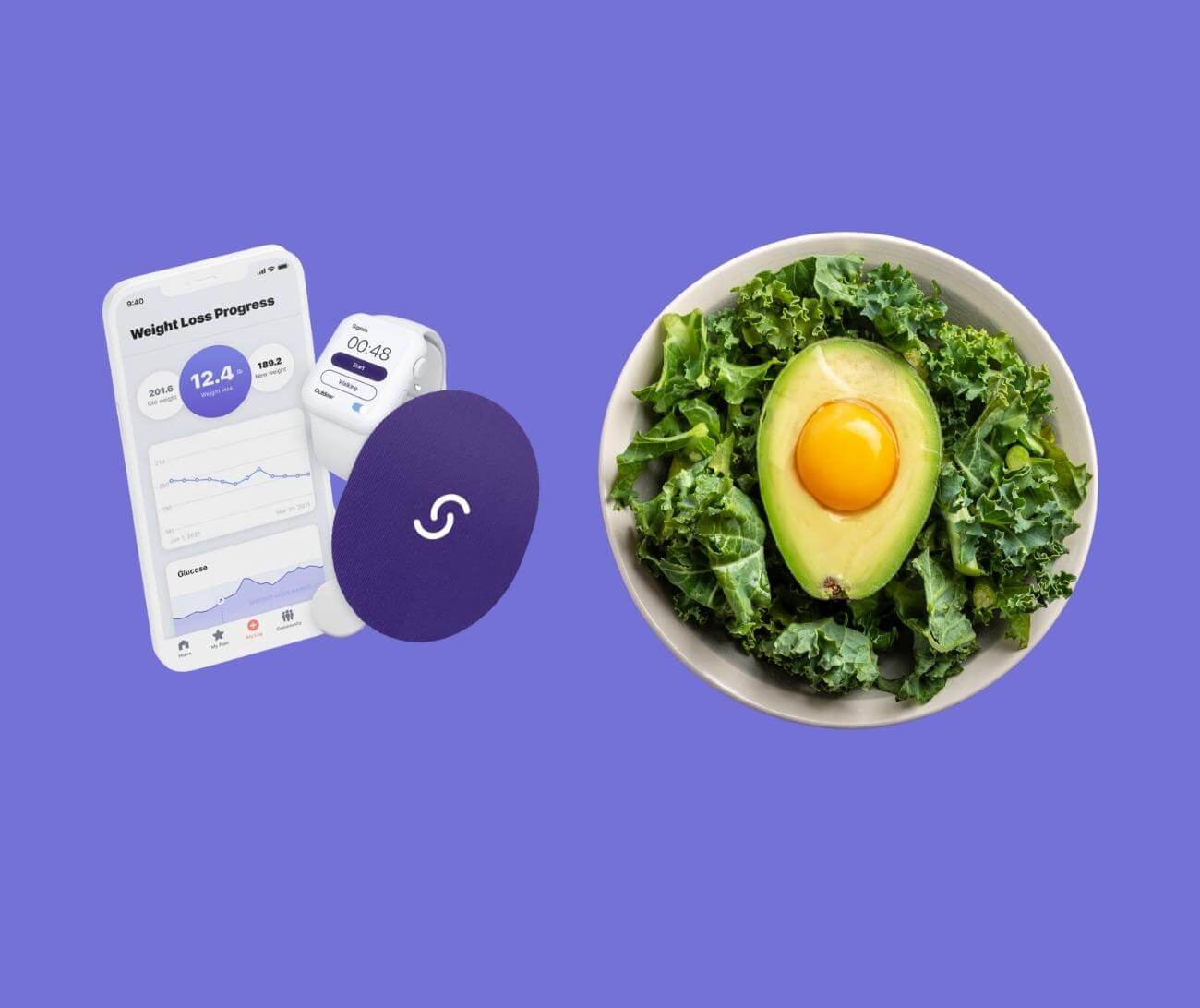 Signos CGM kit alongside a keto-friendly meal with egg, avocado, and kale