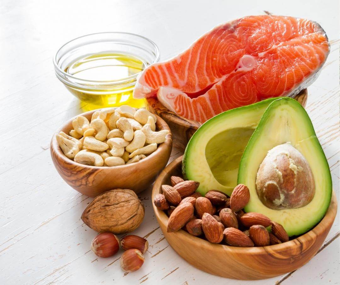 salmon, nuts, avocado, and olive oil