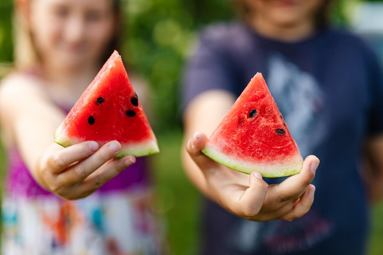 close-up-of-two-kids-hands-holding-slices-of-watermelon