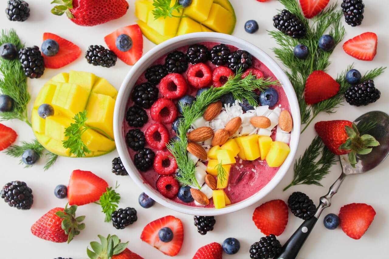 top view of bowl of fruits