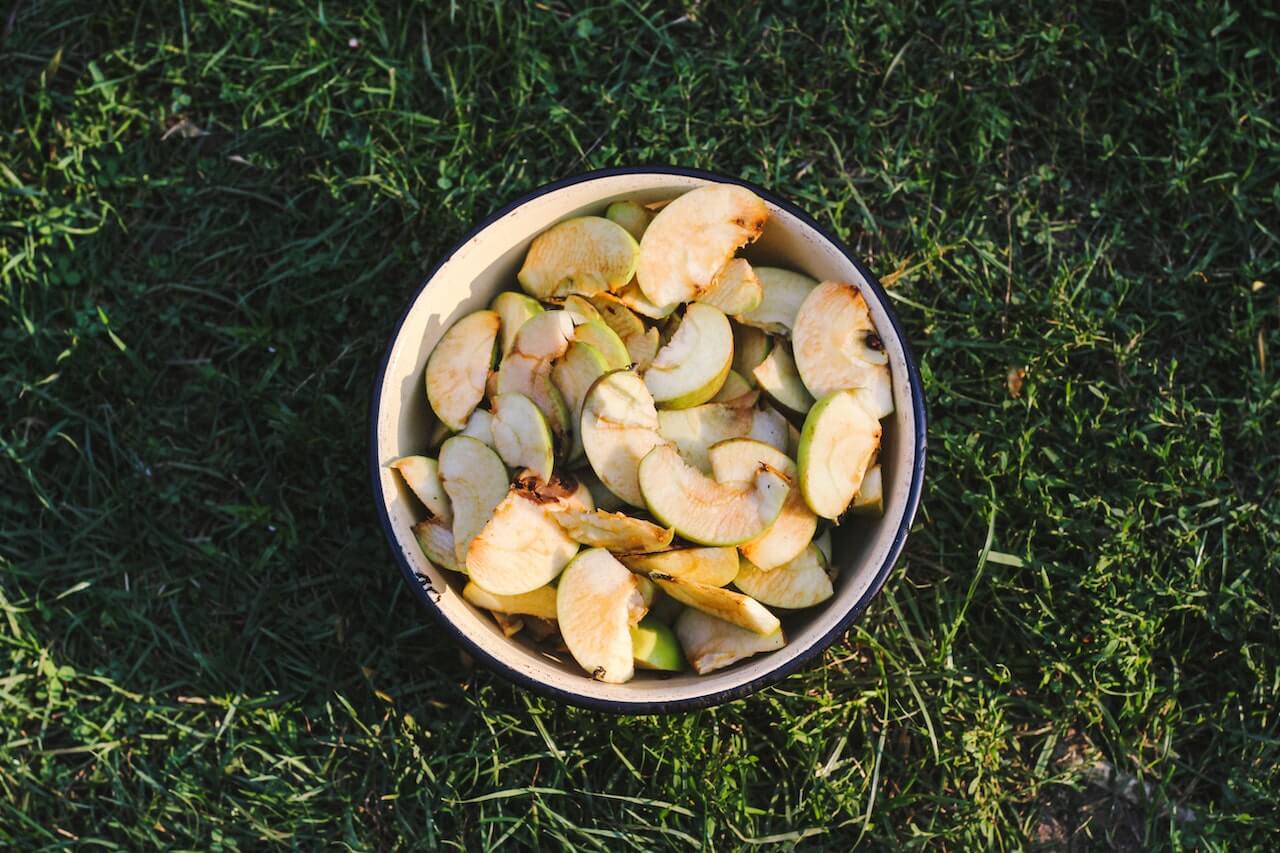 sliced-apples-on-white-bowl-on-green-grass