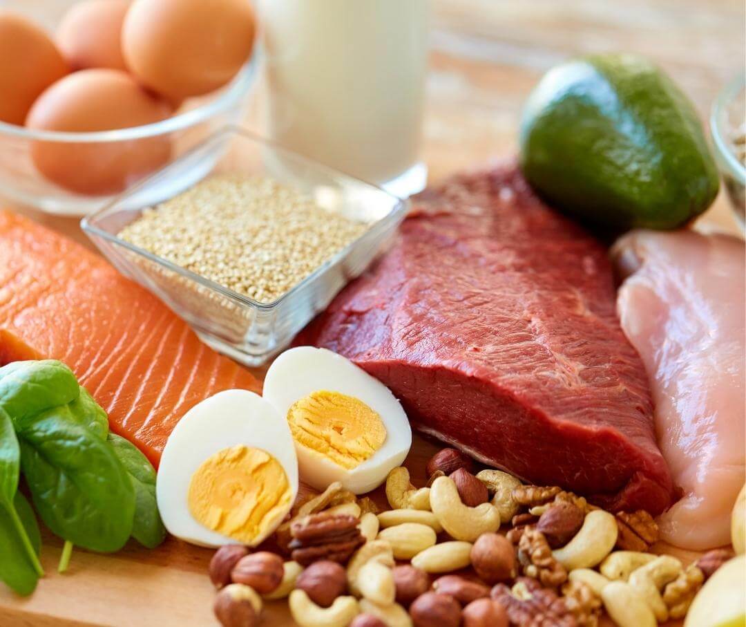 protein rich foods including fish, eggs, meat, and nuts