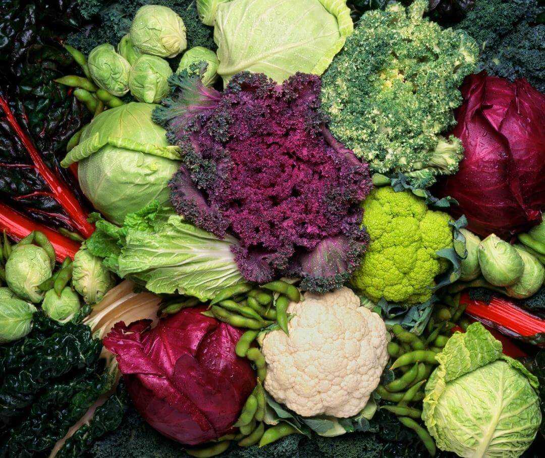 cabbage, broccoli, and cauliflower