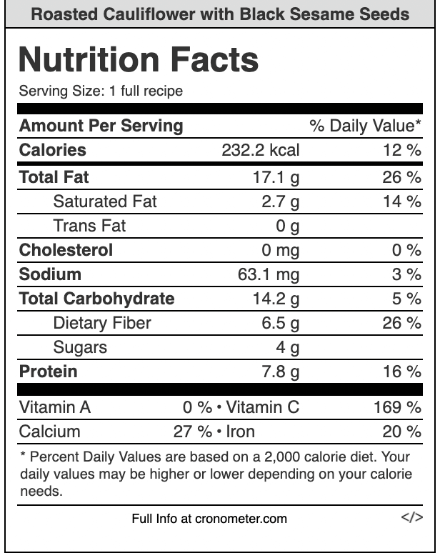 Nutrition info for 1 serving of Roasted Cauliflower with Black Sesame Seeds