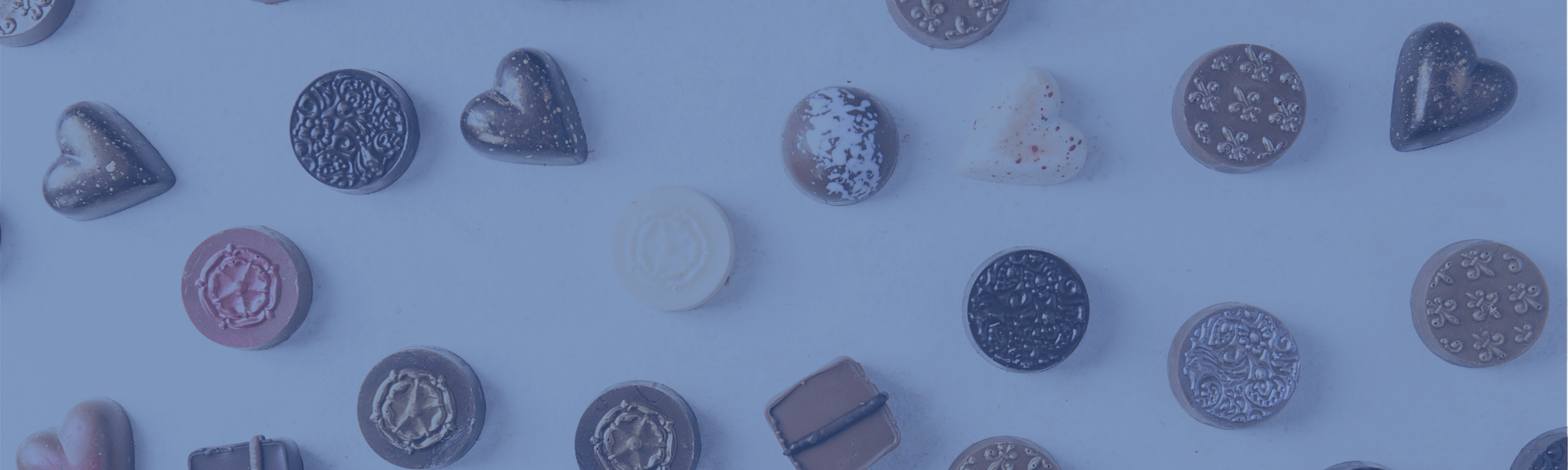 An array of chocolate on a simple background.